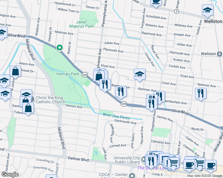map of restaurants, bars, coffee shops, grocery stores, and more near 6908 Bartmer Avenue in University City