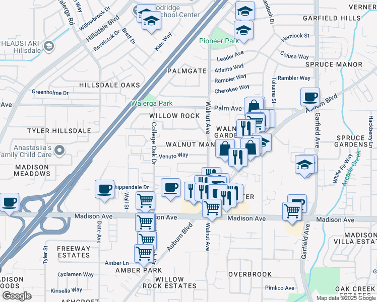 map of restaurants, bars, coffee shops, grocery stores, and more near 5013 Venuto Way in Sacramento