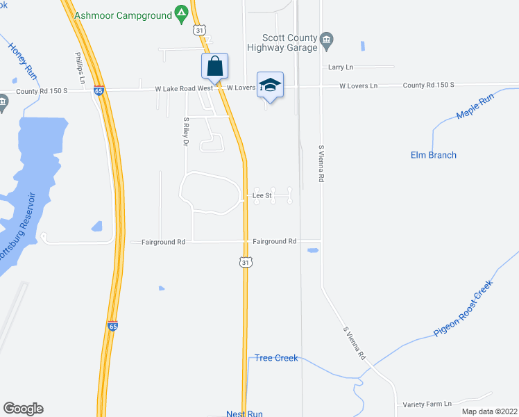 map of restaurants, bars, coffee shops, grocery stores, and more near 10 South Joshua Court in Scottsburg