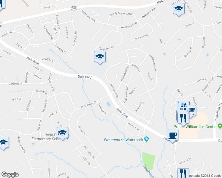 map of restaurants, bars, coffee shops, grocery stores, and more near 13238 Nickleson Drive in Woodbridge