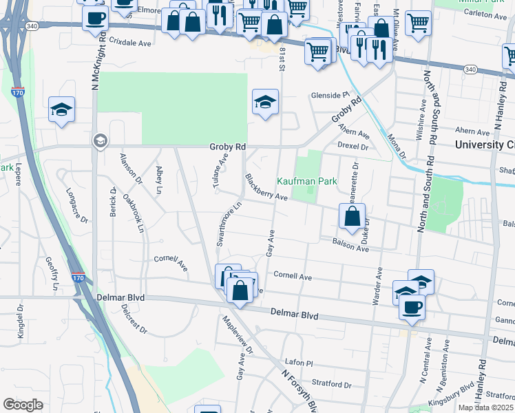 map of restaurants, bars, coffee shops, grocery stores, and more near 8111 Tulane Avenue in University City