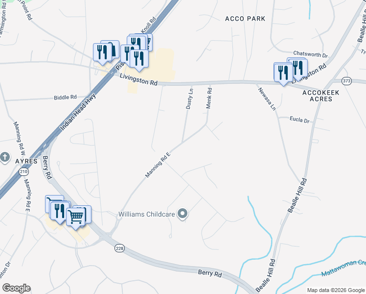 map of restaurants, bars, coffee shops, grocery stores, and more near 220 Manning Road East in Accokeek
