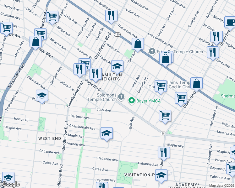 map of restaurants, bars, coffee shops, grocery stores, and more near 1321 Montclair Avenue in St. Louis