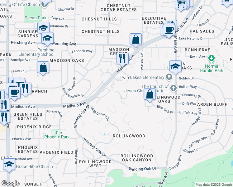 map of restaurants, bars, coffee shops, grocery stores, and more near 9160 Madison Avenue in Fair Oaks