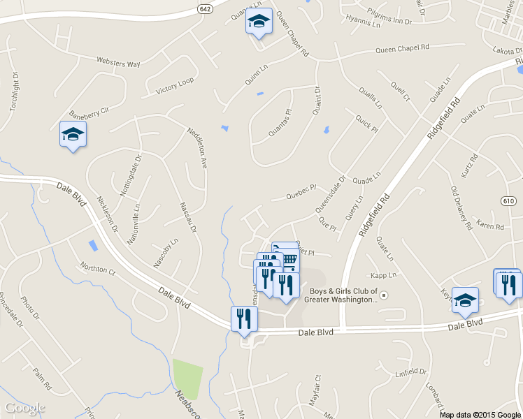 map of restaurants, bars, coffee shops, grocery stores, and more near 5432 Quest Ct in Woodbridge