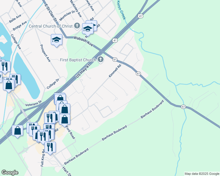 map of restaurants, bars, coffee shops, grocery stores, and more near 1501 Kimmell Rd in Vincennes