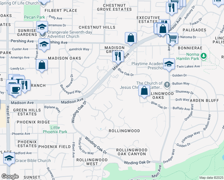 map of restaurants, bars, coffee shops, grocery stores, and more near 9160 Madison Avenue in Fair Oaks