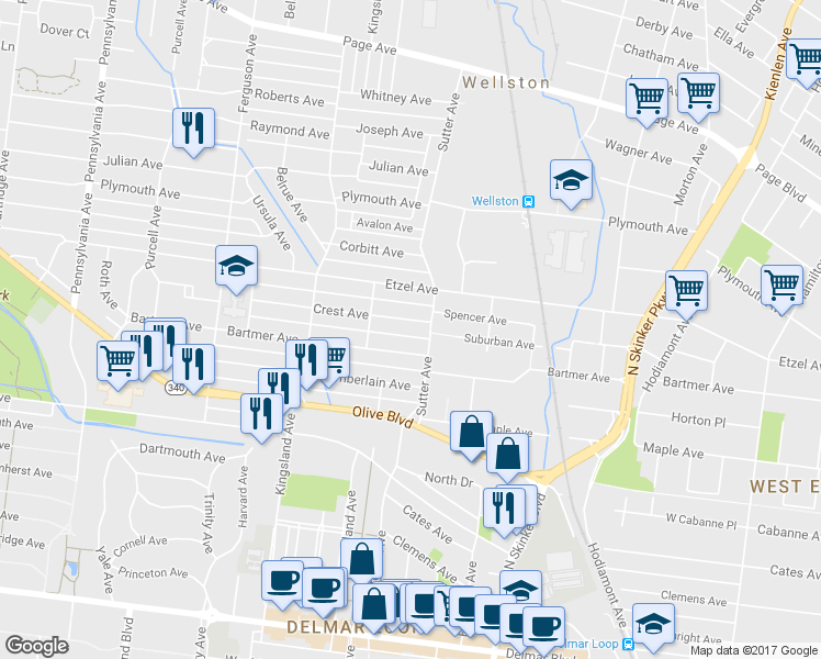 map of restaurants, bars, coffee shops, grocery stores, and more near 6512 Crest Avenue in University City