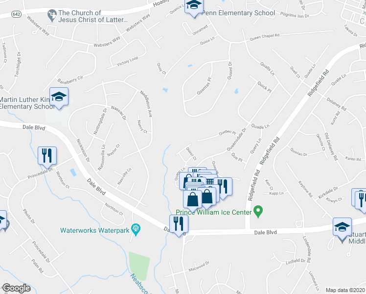 map of restaurants, bars, coffee shops, grocery stores, and more near 13020 Quander Court in Woodbridge