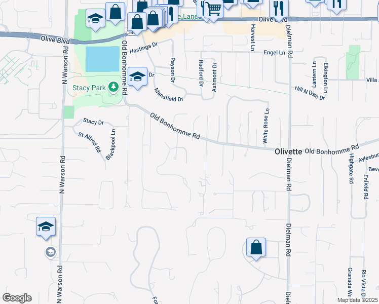 map of restaurants, bars, coffee shops, grocery stores, and more near 3 Ridgegate Drive in Olivette