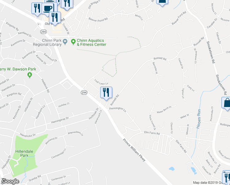 map of restaurants, bars, coffee shops, grocery stores, and more near 3810 Russell Road in Woodbridge