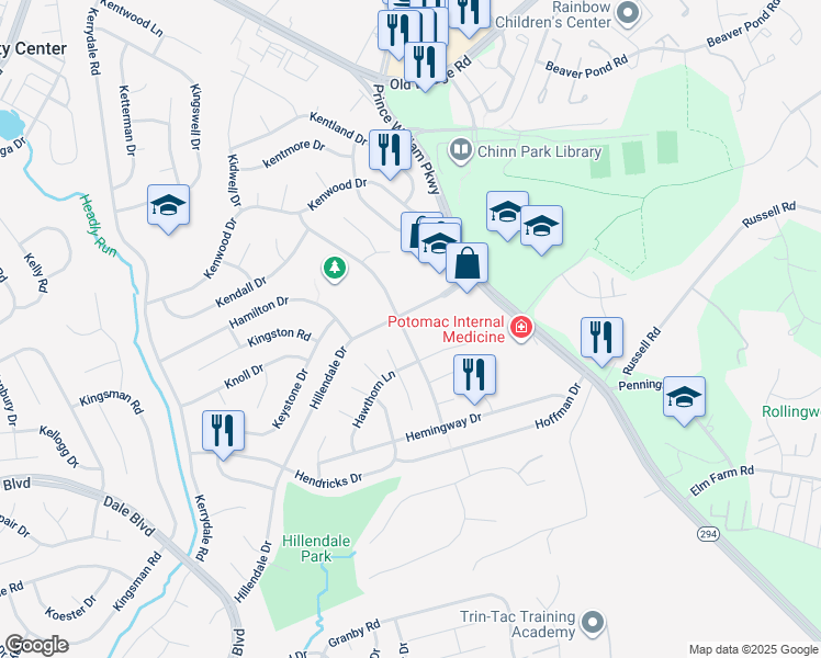 map of restaurants, bars, coffee shops, grocery stores, and more near 13203 Haddock Road in Woodbridge