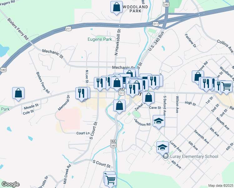 map of restaurants, bars, coffee shops, grocery stores, and more near in Luray