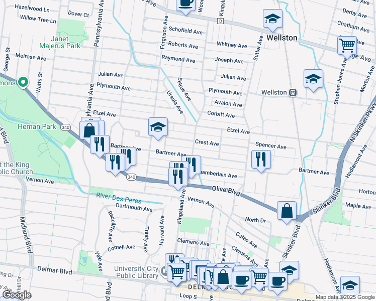 map of restaurants, bars, coffee shops, grocery stores, and more near 6716 Crest Avenue in University City