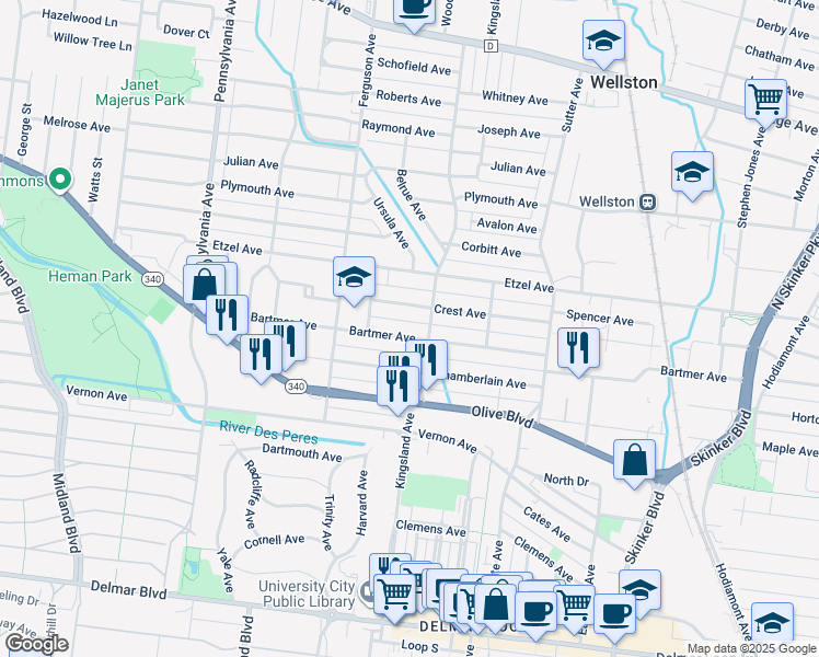 map of restaurants, bars, coffee shops, grocery stores, and more near 6716 Crest Avenue in University City