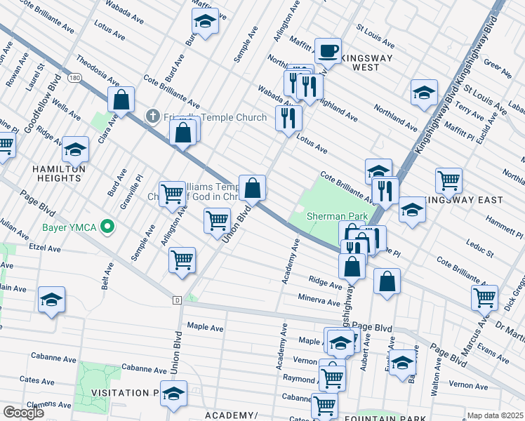 map of restaurants, bars, coffee shops, grocery stores, and more near 5170A Doctor Martin Luther King Drive in St. Louis