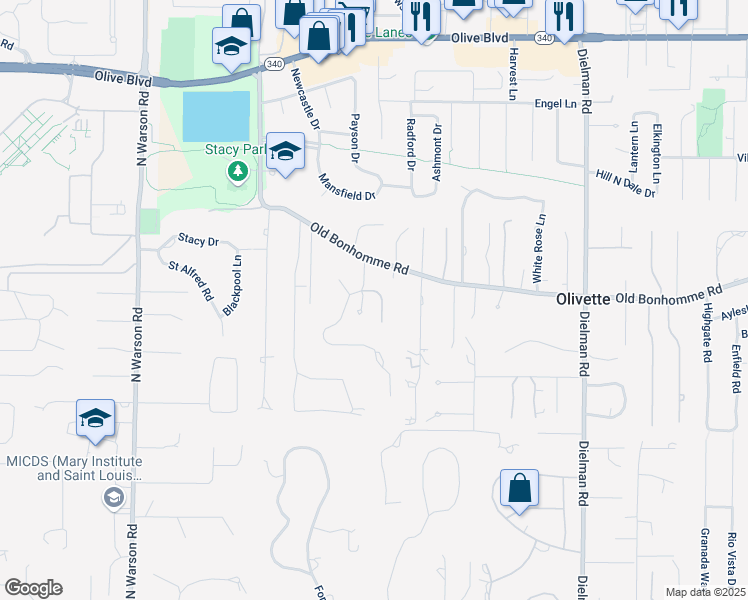 map of restaurants, bars, coffee shops, grocery stores, and more near 8 Ridgegate Drive in Olivette