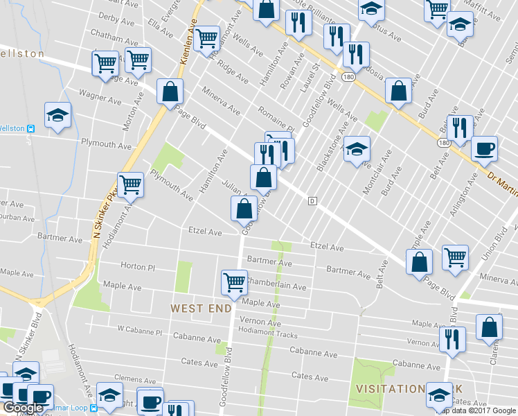 map of restaurants, bars, coffee shops, grocery stores, and more near 5741 Julian Avenue in Saint Louis