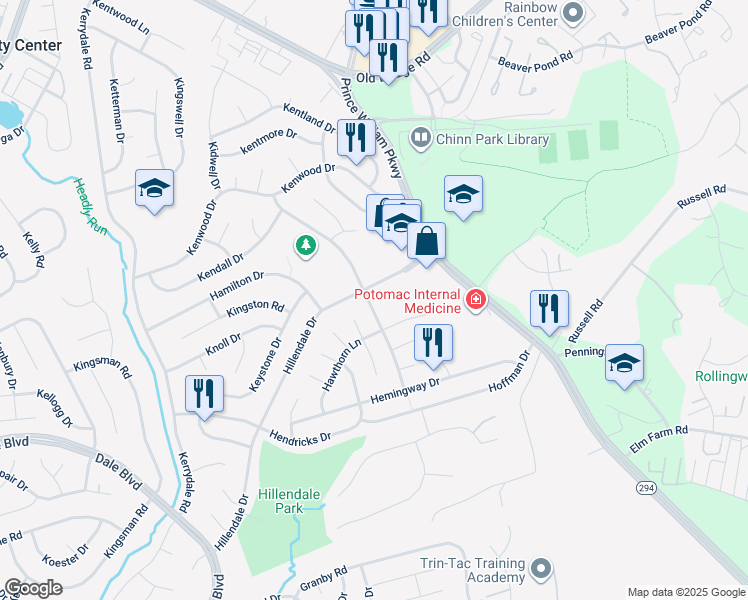 map of restaurants, bars, coffee shops, grocery stores, and more near 13203 Haddock Road in Woodbridge