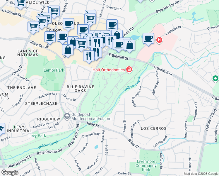 map of restaurants, bars, coffee shops, grocery stores, and more near 1200 Creekside Drive in Folsom