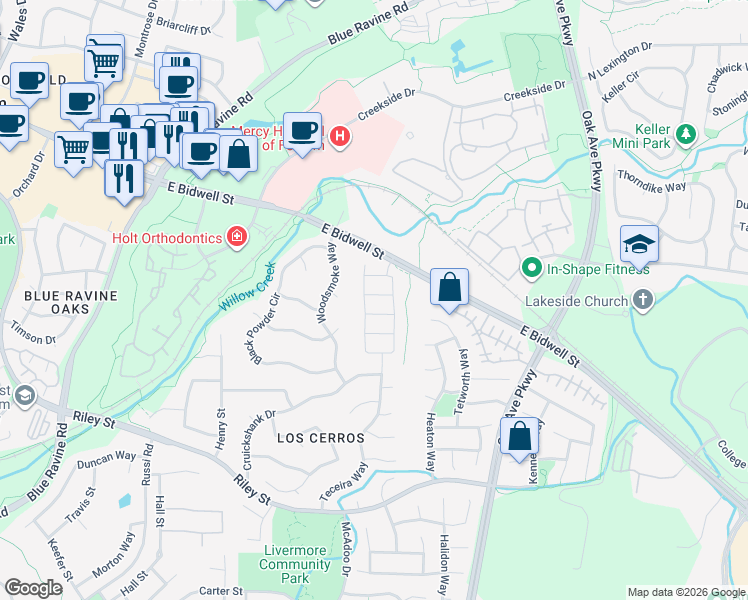 map of restaurants, bars, coffee shops, grocery stores, and more near 1075 Limestone Drive in Folsom