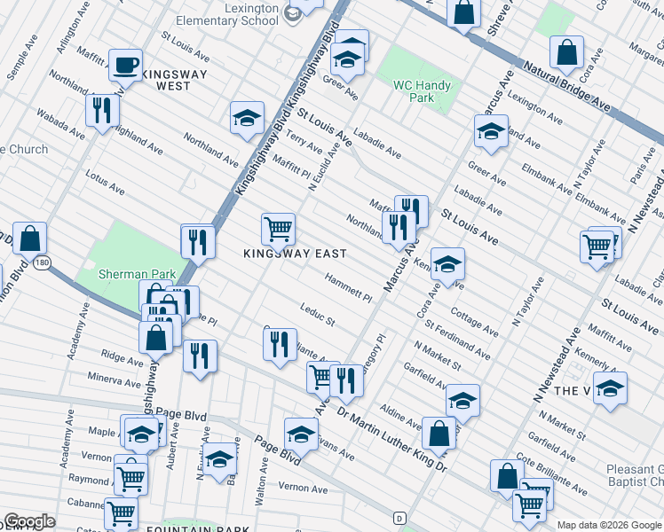 map of restaurants, bars, coffee shops, grocery stores, and more near 4813 Hammett Place in St. Louis