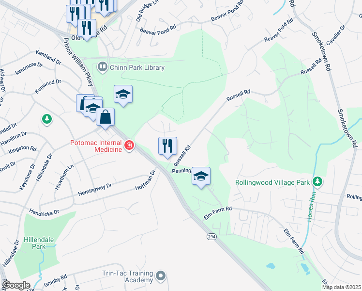 map of restaurants, bars, coffee shops, grocery stores, and more near 3810 Russell Road in Woodbridge