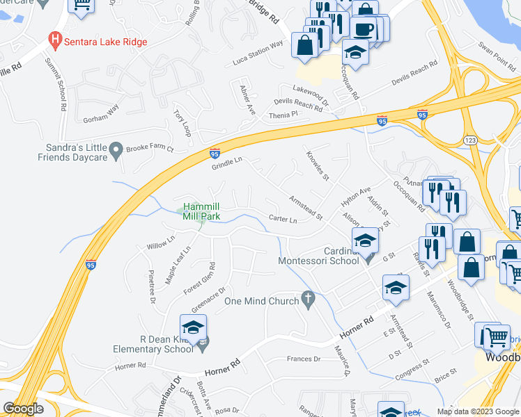map of restaurants, bars, coffee shops, grocery stores, and more near 1634 Carter Lane in Woodbridge