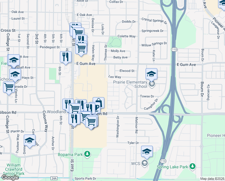 map of restaurants, bars, coffee shops, grocery stores, and more near 64 Dual Wide Drive in Woodland