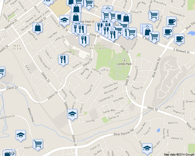 map of restaurants, bars, coffee shops, grocery stores, and more near 679 Humbert Street in Folsom