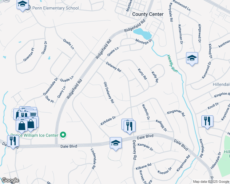 map of restaurants, bars, coffee shops, grocery stores, and more near 4980 Karen Road in Woodbridge