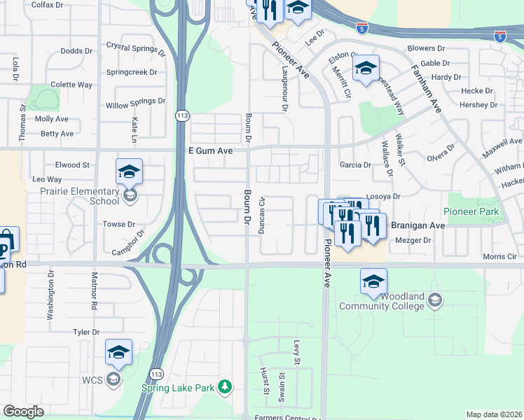 map of restaurants, bars, coffee shops, grocery stores, and more near 981 Duncan Circle in Woodland