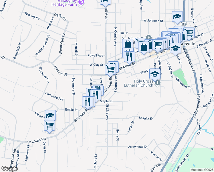 map of restaurants, bars, coffee shops, grocery stores, and more near 128 Saint Louis Road in Collinsville