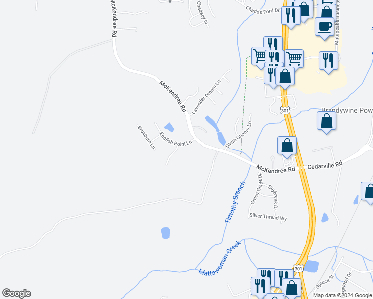 map of restaurants, bars, coffee shops, grocery stores, and more near 7101 English Point Lane in Brandywine