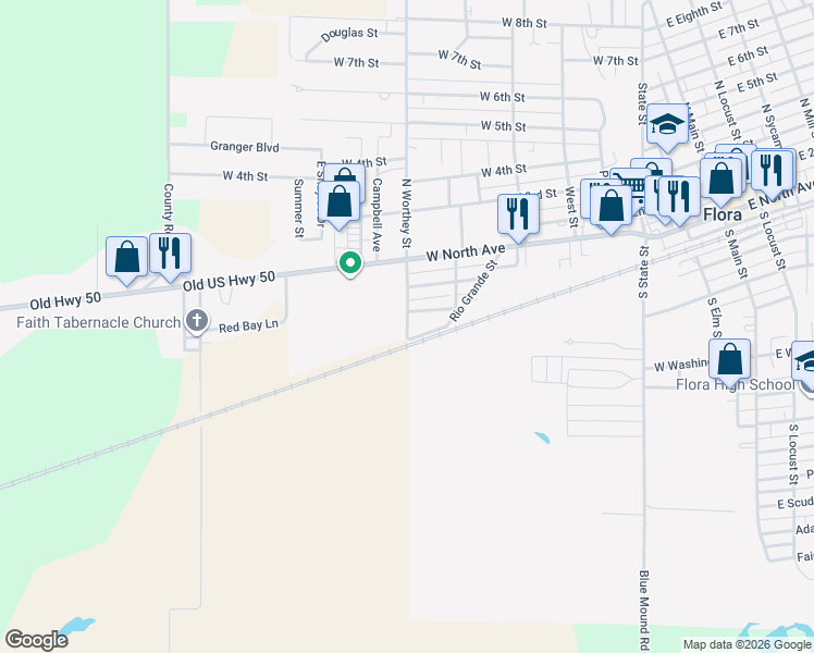 map of restaurants, bars, coffee shops, grocery stores, and more near South Worthey Street in Flora