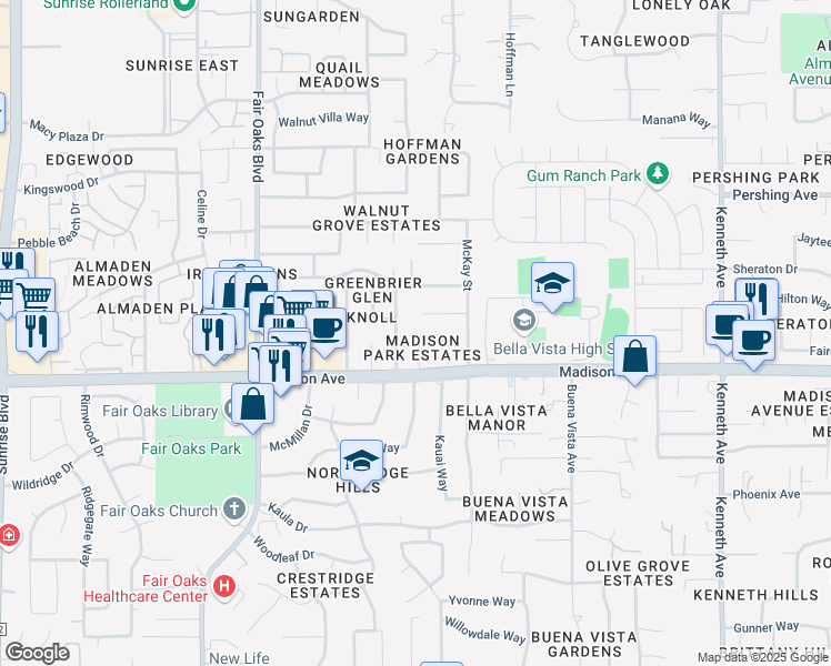 map of restaurants, bars, coffee shops, grocery stores, and more near 5417 Buena Ventura Way in Fair Oaks