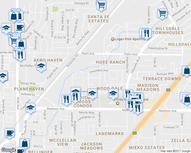 map of restaurants, bars, coffee shops, grocery stores, and more near 4031 Constitution Avenue in North Highlands