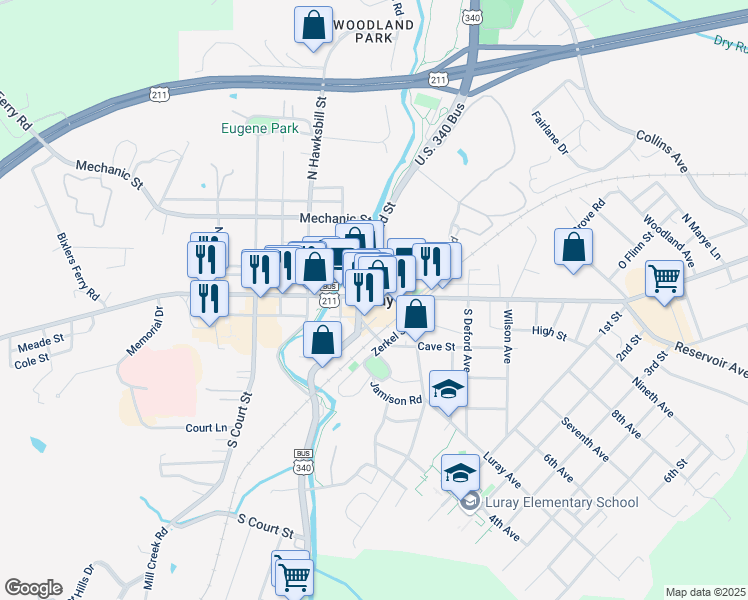 map of restaurants, bars, coffee shops, grocery stores, and more near in Luray