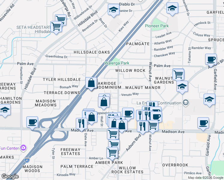 map of restaurants, bars, coffee shops, grocery stores, and more near 5429 College Oak Drive in Sacramento