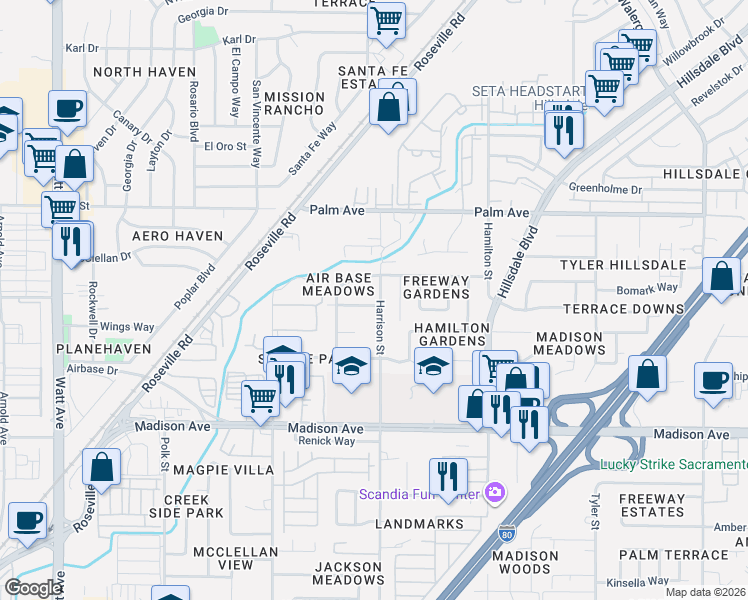 map of restaurants, bars, coffee shops, grocery stores, and more near 4031 Constitution Avenue in North Highlands