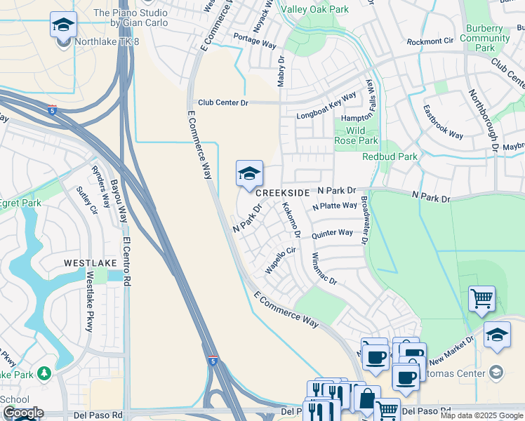 map of restaurants, bars, coffee shops, grocery stores, and more near 4316 North Park Drive in Sacramento