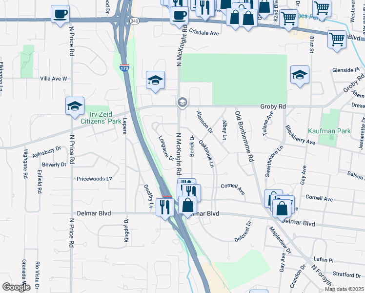 map of restaurants, bars, coffee shops, grocery stores, and more near 850 McKnight Road in St. Louis