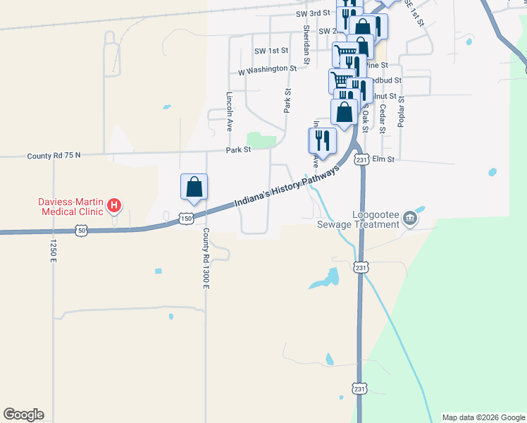 map of restaurants, bars, coffee shops, grocery stores, and more near 514 John C Strange Street in Loogootee