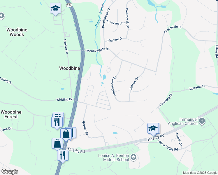 map of restaurants, bars, coffee shops, grocery stores, and more near 13218 Amblewood Drive in Manassas