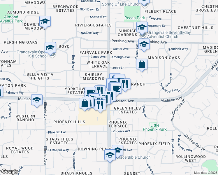 map of restaurants, bars, coffee shops, grocery stores, and more near 5440 Hazel Avenue in Fair Oaks