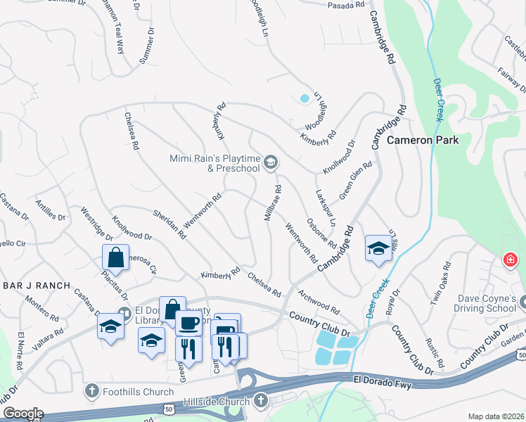 map of restaurants, bars, coffee shops, grocery stores, and more near 2742 Wentworth Road in Cameron Park