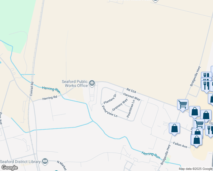map of restaurants, bars, coffee shops, grocery stores, and more near 124 Pond View Lane in Seaford