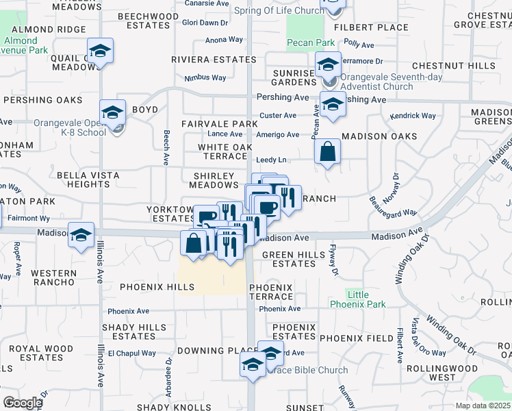 map of restaurants, bars, coffee shops, grocery stores, and more near 5440 Hazel Avenue in Fair Oaks