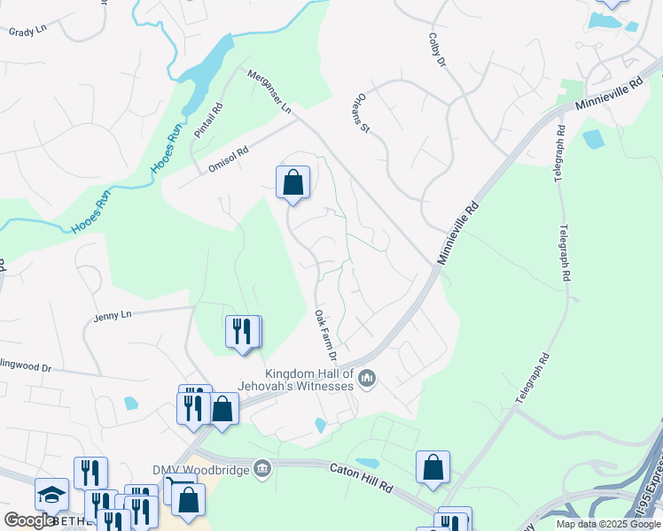 map of restaurants, bars, coffee shops, grocery stores, and more near 13189 Oak Farm Drive in Woodbridge
