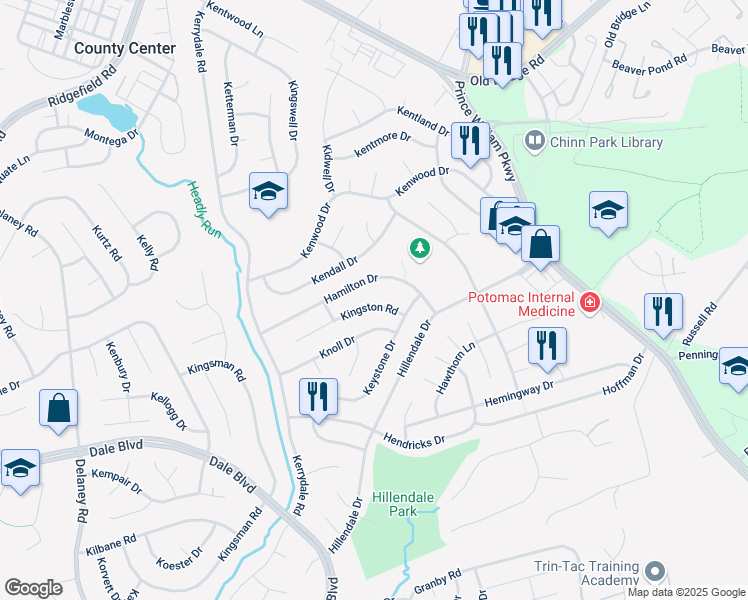 map of restaurants, bars, coffee shops, grocery stores, and more near 4510 Kingston Road in Woodbridge